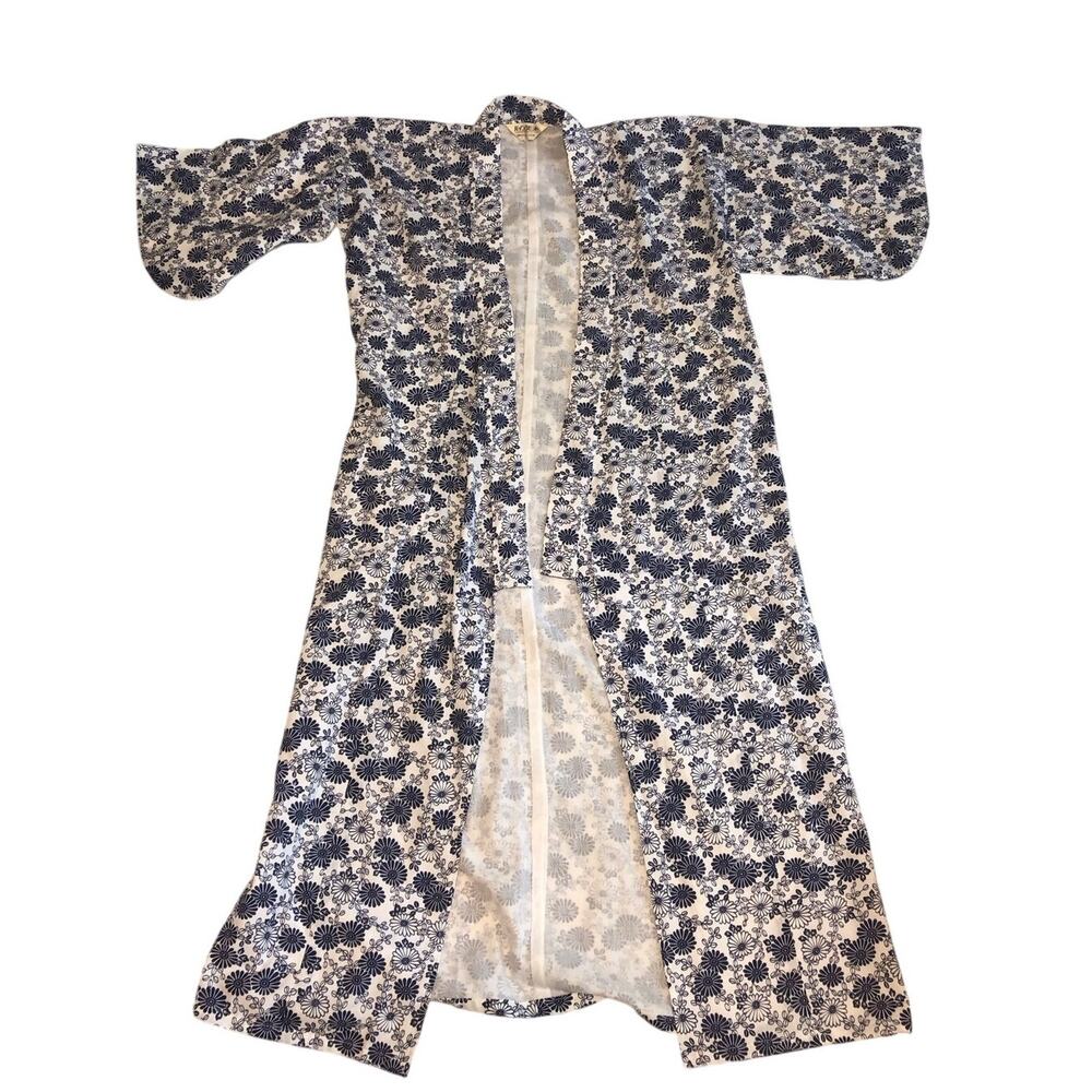 Vintage Pine Rabbit Japanese Cotton Onsen Yukata Nemaki Kimono Robe Blue Floral
